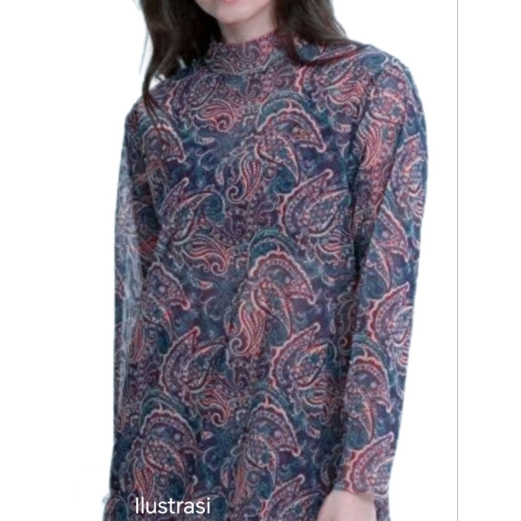 Atasan Wanita Long Tunik Lengan Panjang Motif Batik Warna Biru