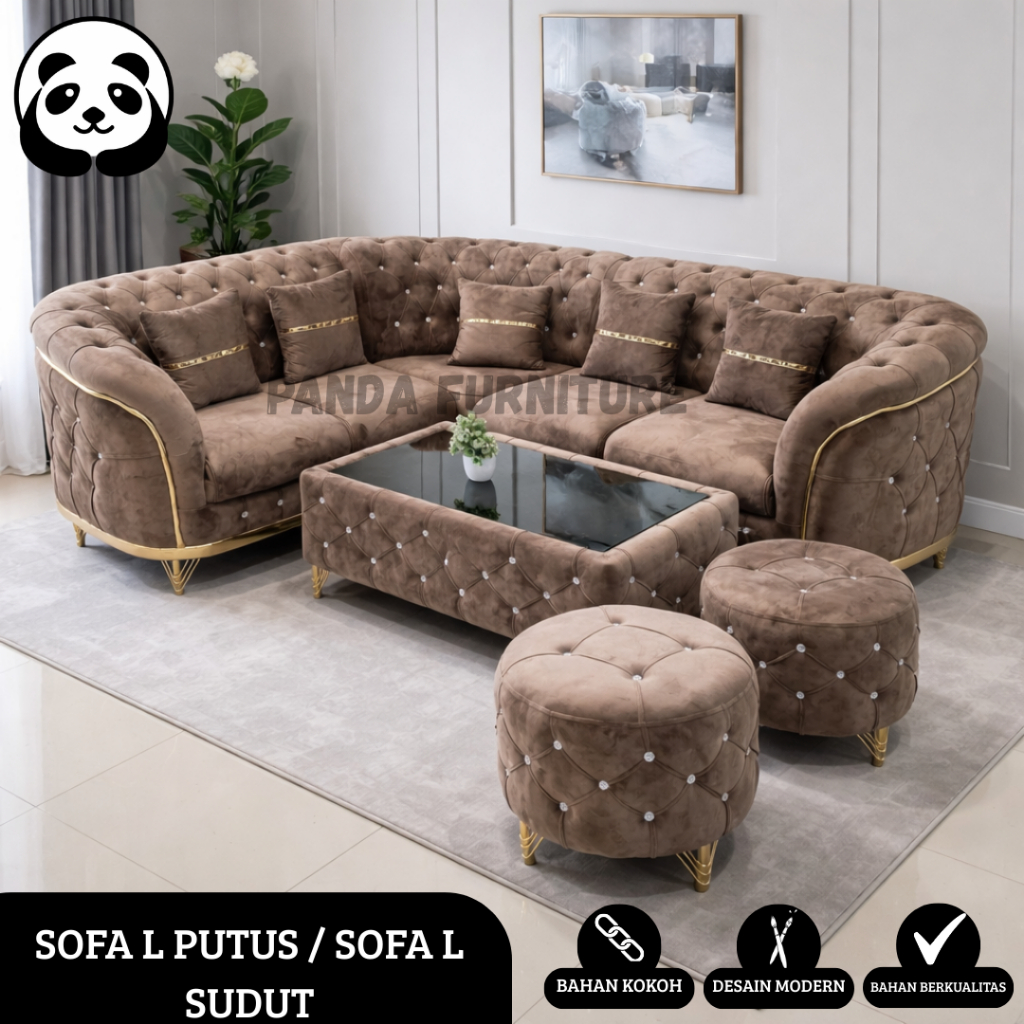 PROMO SOFA ARABELLA FOXY COKLAT L SUDUT PREMIUM KAIN BLUDRU + MEJA + 2 STOOL DUDUKAN + BANTALAN NYA 