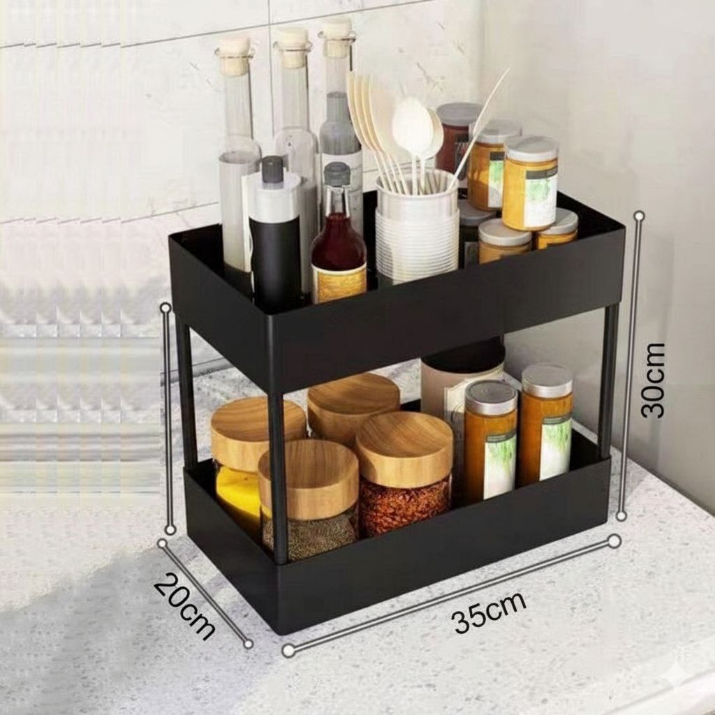 Rak Penyimpanan Plastik 2 Susun - Desain Serbaguna, Mudah Dibersihkan, Warna Hitam