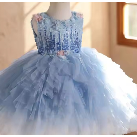 gaun anak  dengan  model ruffles  wedding kids  pesta  biru muda  baju pesta   ulang tahun