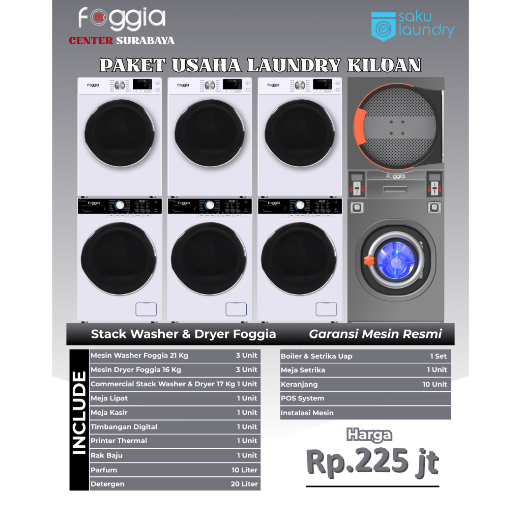 Paket Usaha Laundry Kiloan by FOGGIA, Kombinasi 3 Stack Washer & Dryer | 1 Stack Commercial Washer &