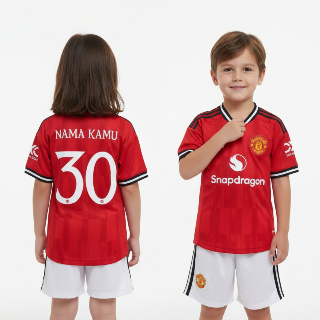KIDS Jersey Mnchstr Untd Home 2025 2026 Baju Bola Warna Merah Anak Patch Premier League Custom Names