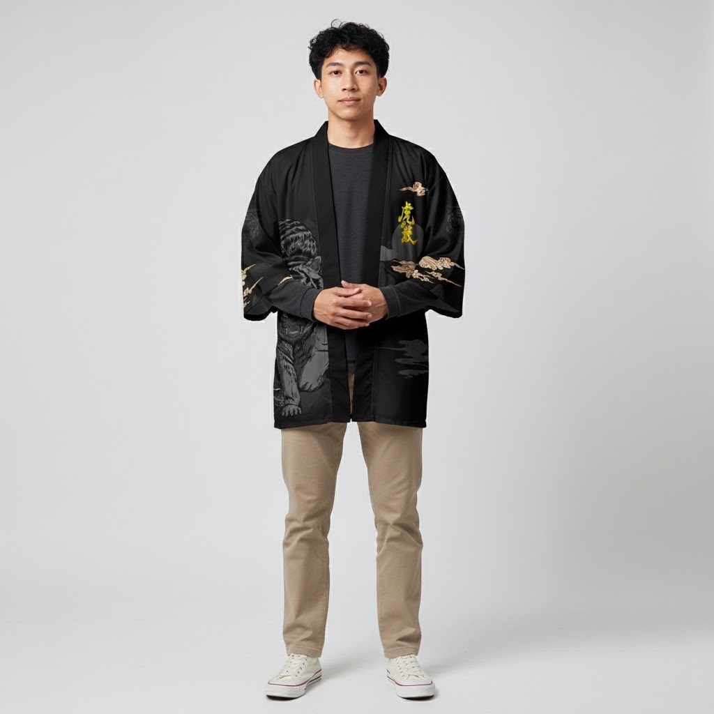 Kimono Haori Polyester Black Tiger Moon Calligraphy Premium