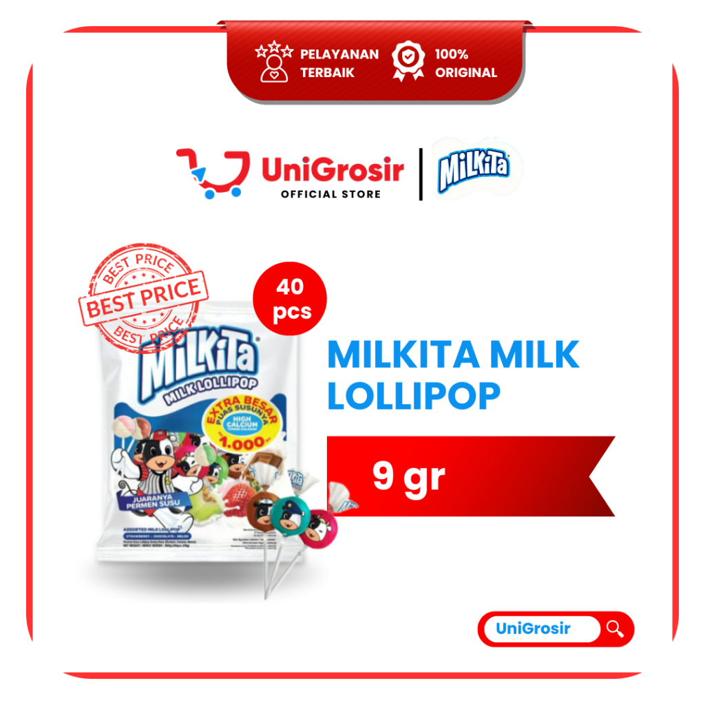 [UniGrosir] MILKITA MILK LOLLIPOP PERMEN LOLI SUSU CANDY COKLAT STROBERI MELON ~ 40 pcs x 9 g BAG
