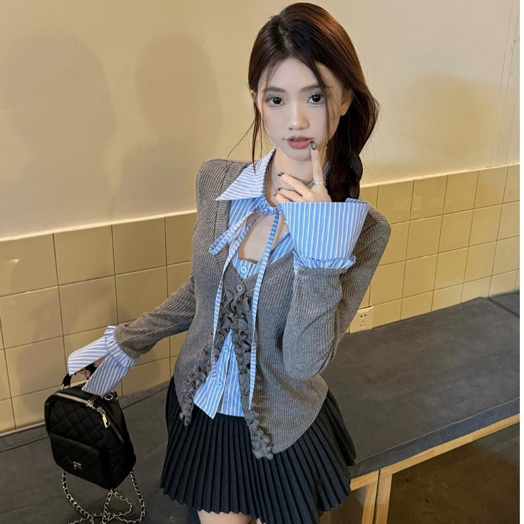 Dainty Vogue Cardigan Rajut Pendek Model Dua Potong, Atasan Abu-Abu Seksi