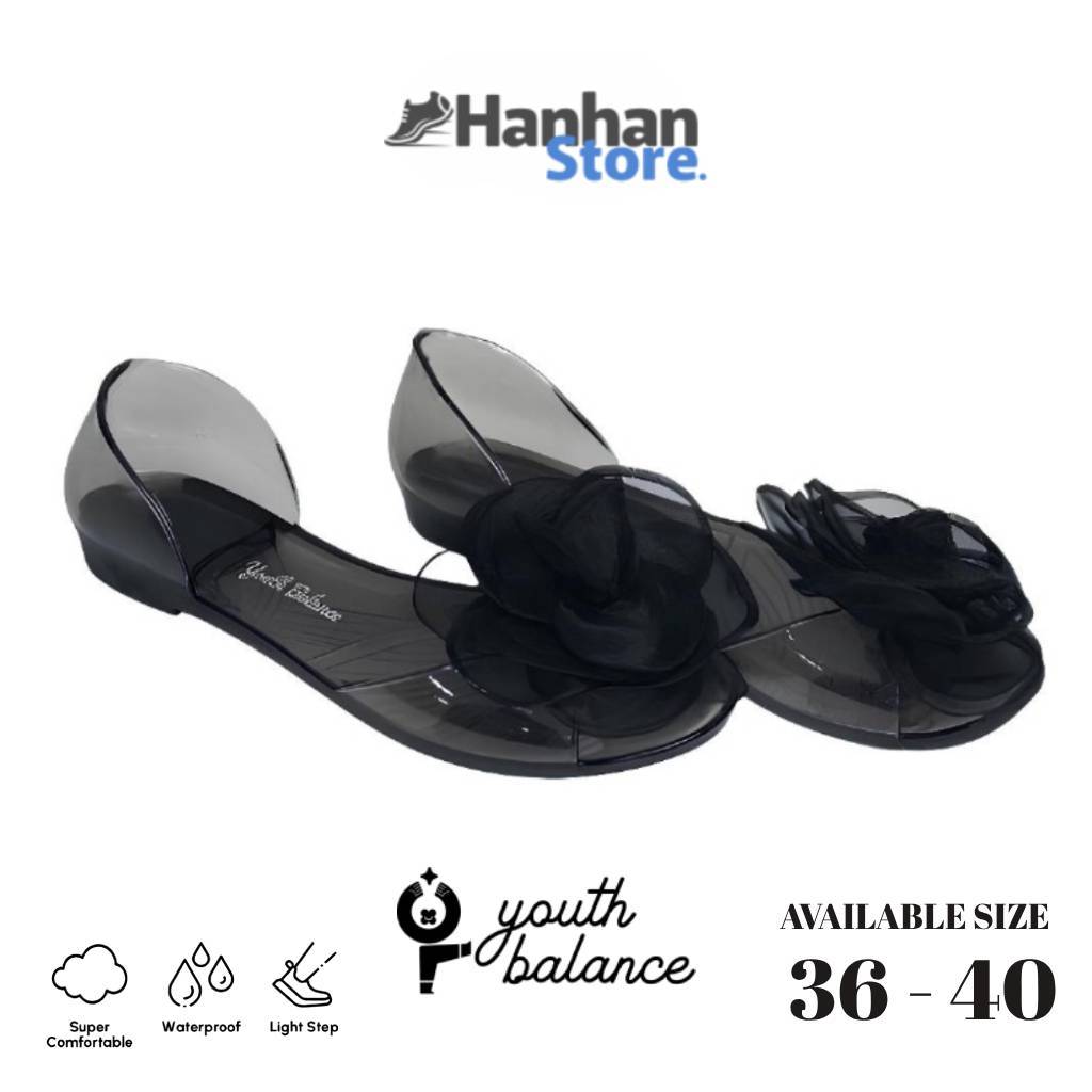 YouthBalance Sepatu Flat Kaca motif Bunga Mawar Sandal Bahan Jelly Karet Sepatu Sendal 186-A