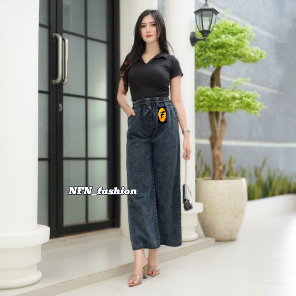 kulot jeans wanita jumbo pinggang karet