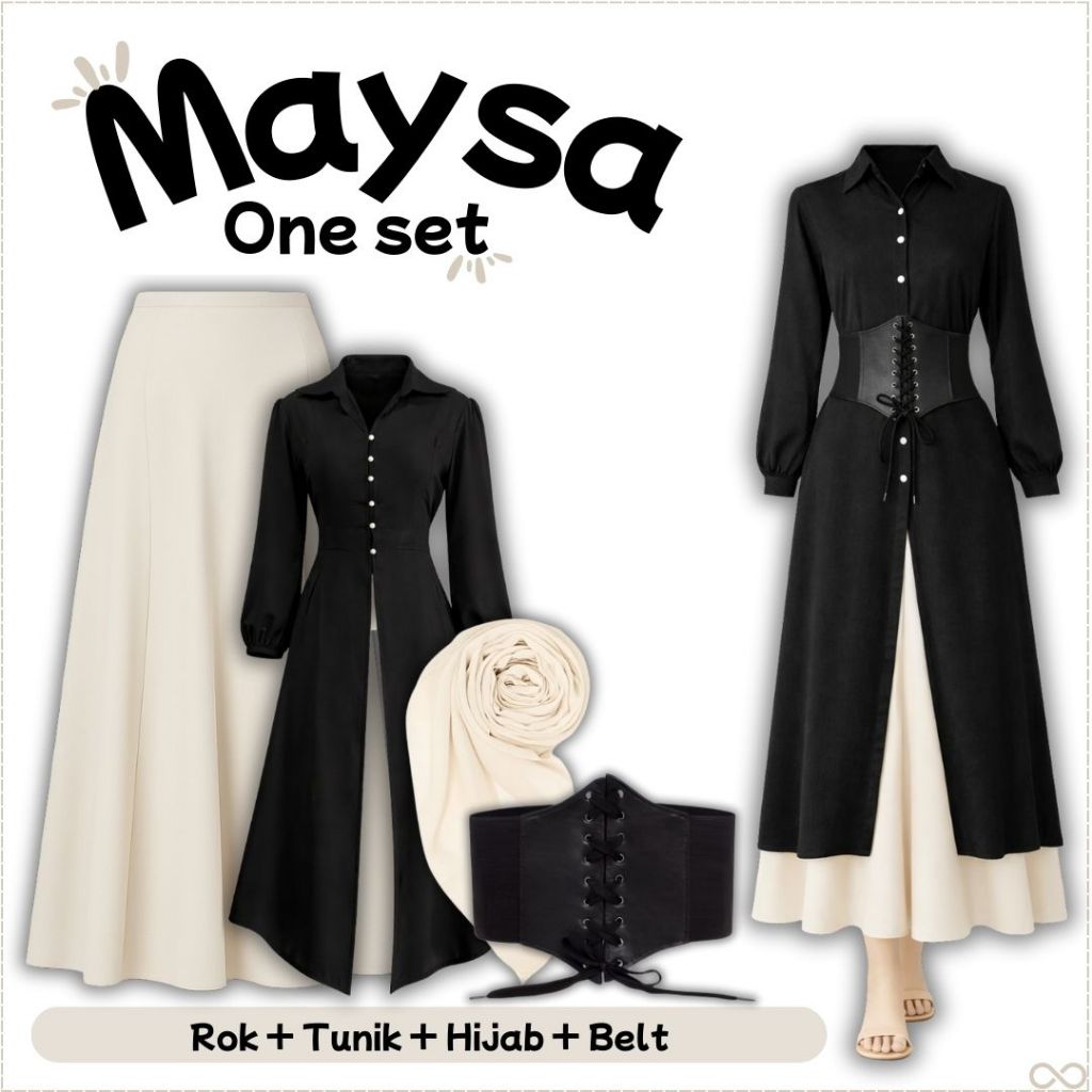Maysa  Oneset Terbaru (Tunik katun, Rok ,Belt Hitam, Hijab Ivory) OOTD Edisi Lebaran Kekinian - FS94