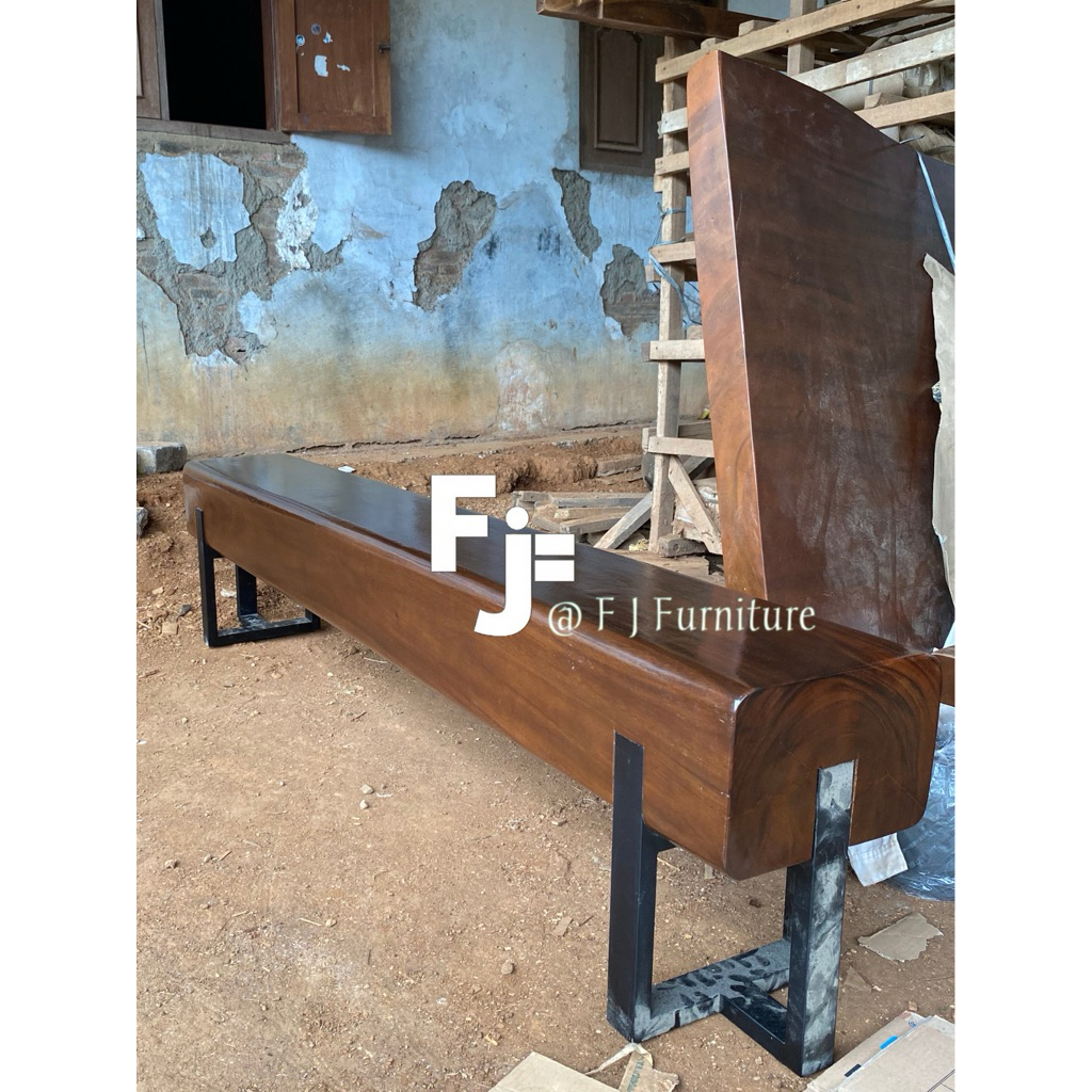BANGKU KAYU SOLID TREMBESI INDUSTRIAL BENCH KAYU UTUH SOLID BALOK KAKI BESI FURNITURE