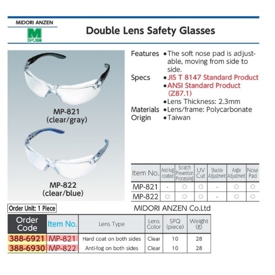 Midori Anzen Two-Lens Safety Glasses MP-822 Blue