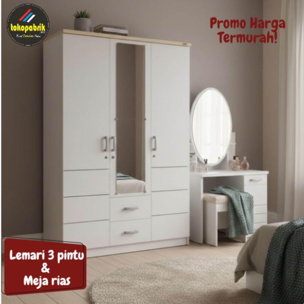 Set Kamar Lemari Pakaian 3 Pintu / Meja Rias Minimalis Modern / Lemari Rias Murah Bandung