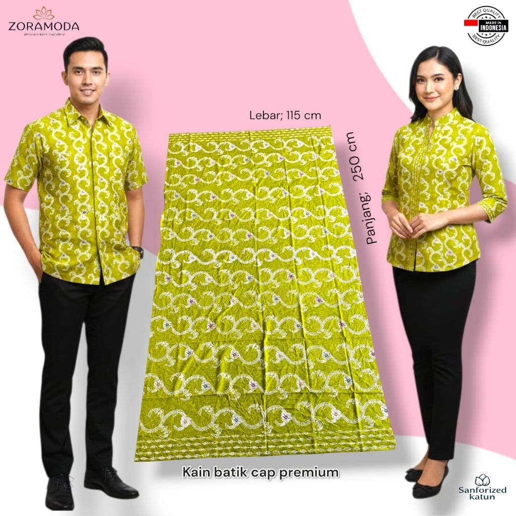 Kain Batik Cap Premium Handmade Bahan Katun Primissima Halus Kain Seragam Kantor Warna Hijau Lemon