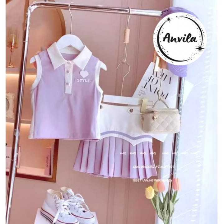 Setelan Anak Perempuan Import Rok Plisket Kerah Kancing Tanpa Lengan Love Style Rok Kancing Terbaru