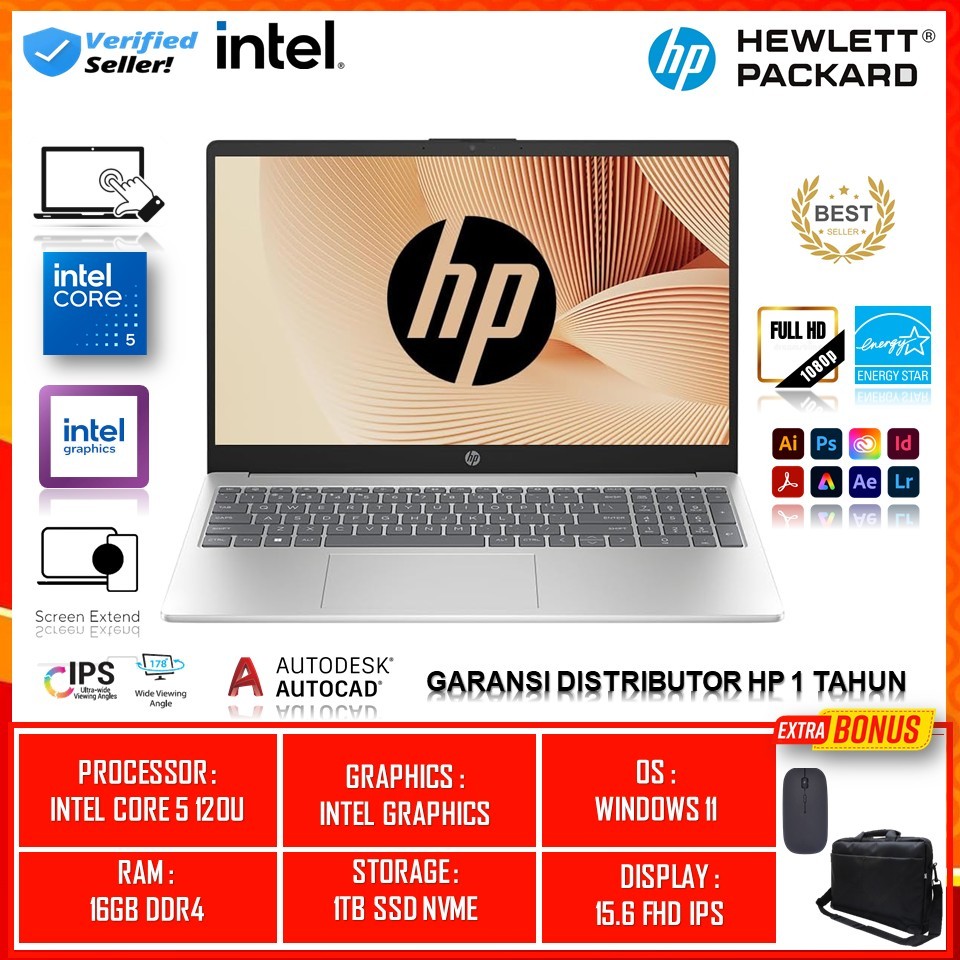 Laptop Baru HP 15 INTEL CORE 5 120U Ram 16GB 1TB SSD 15.6 Fhd Ips Touchscreen
