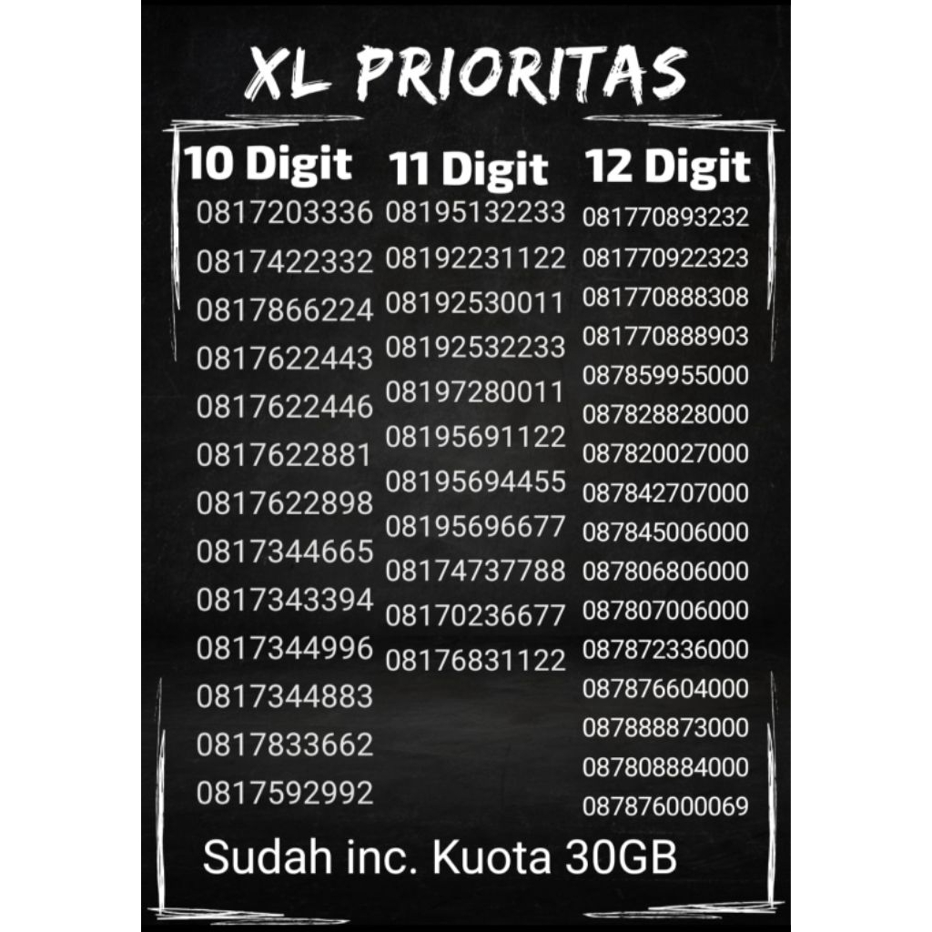 XL Prioritas Bisa Request no 10 digit, 11 & 12 digit + Kuota 30GB