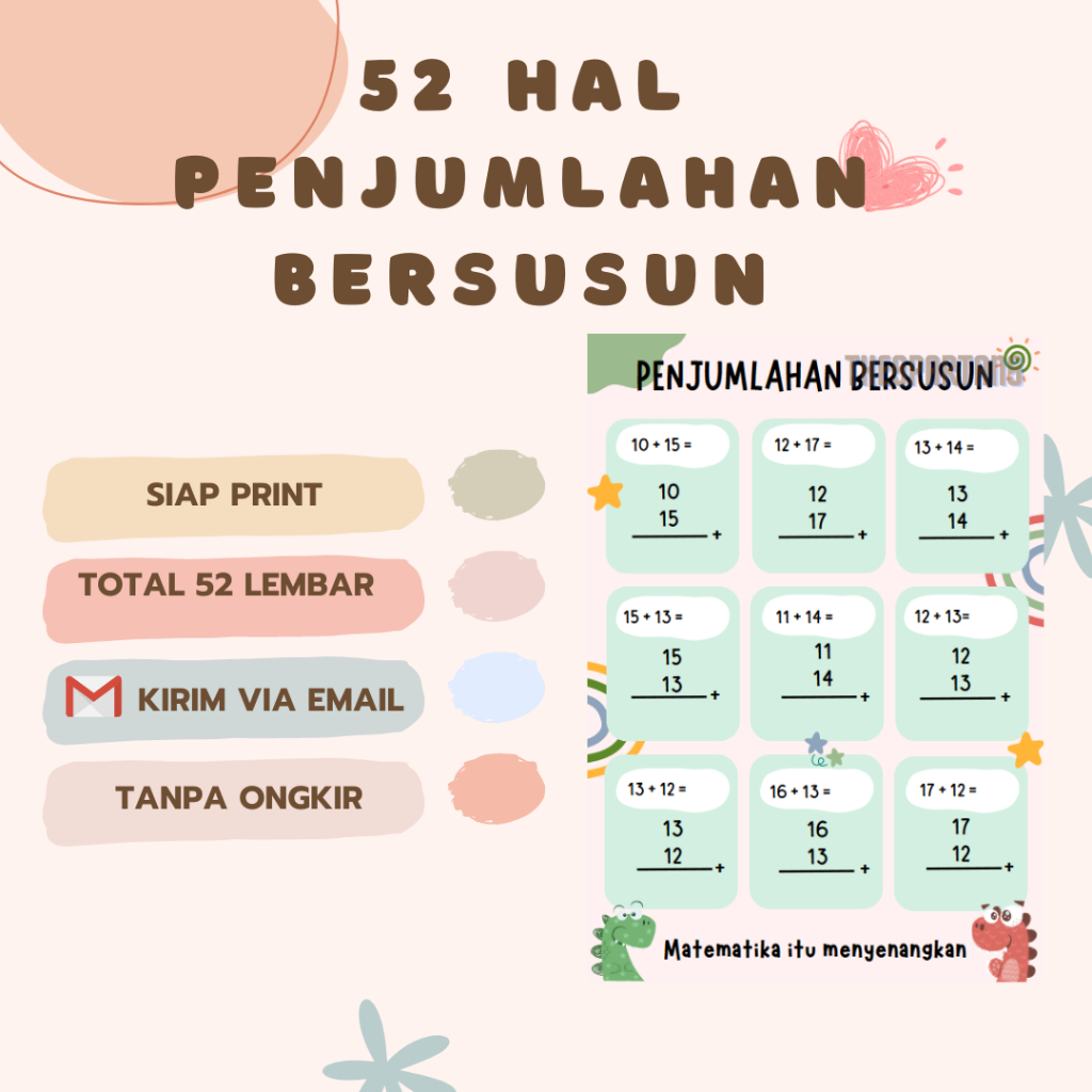 52 Halaman Latihan Penjumlahan Bersusun Siap Cetak - Printable Worksheet Matematika