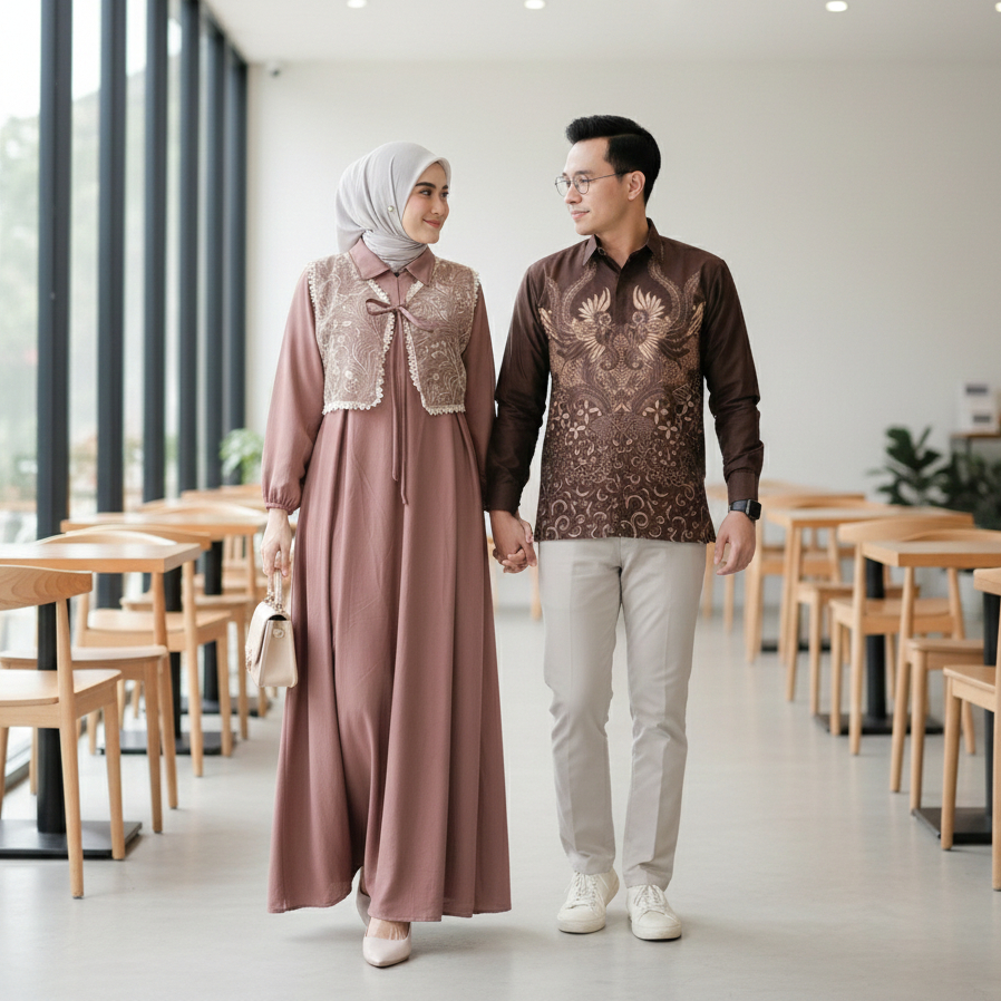 Gamis Brukat Couple Warna Burgundy Kemeja Batik Pria Slimfit KINNAR Tille Oufit Lebaran Kondangan Te
