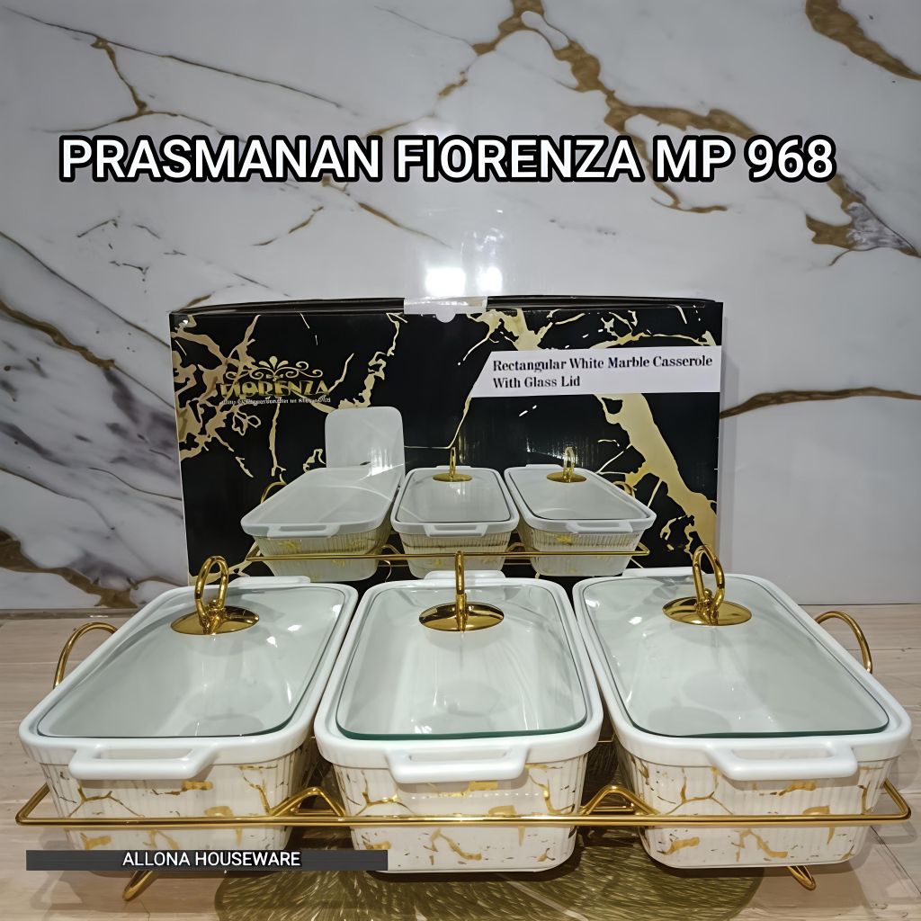 (PACKING KAYU) WADAH SAJI / PRASMANAN GANDENG 3 KERAMIK MARBLE TUTUP KACA FIORENZA 968
