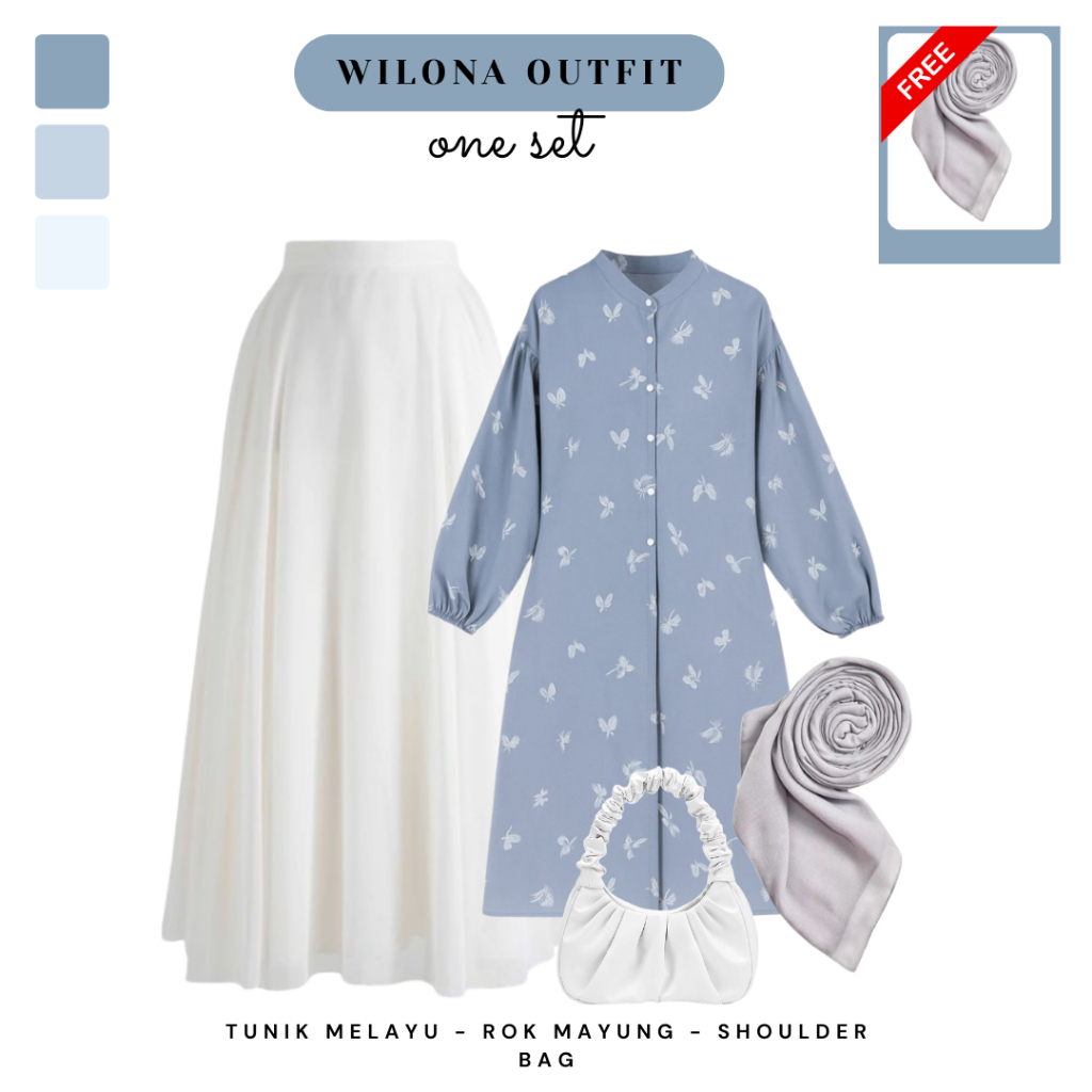One Set Outfit Lebaran ( Tunik Motif Denim, Rok Mayung Putih , Shoulder Bag Putih ) - CTO107