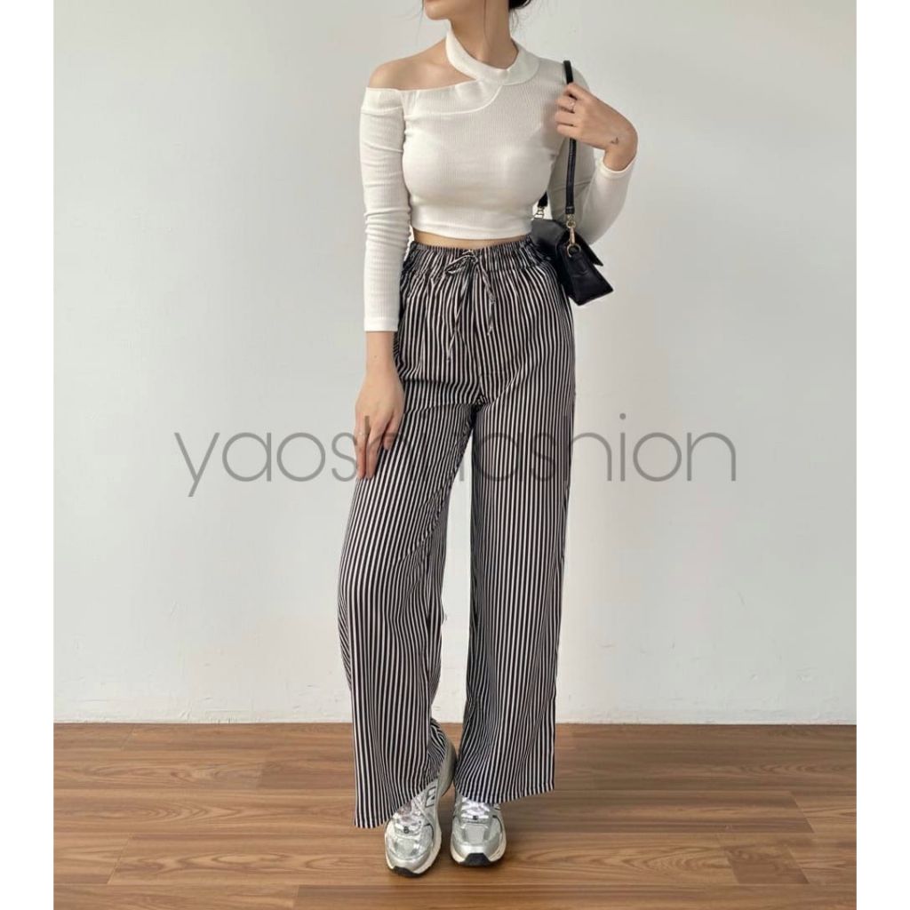 Celana Panjang Wanita Highwaist - Pinggang Karet, strip pants, Pola Garis-garis Celana Panjang Wanit