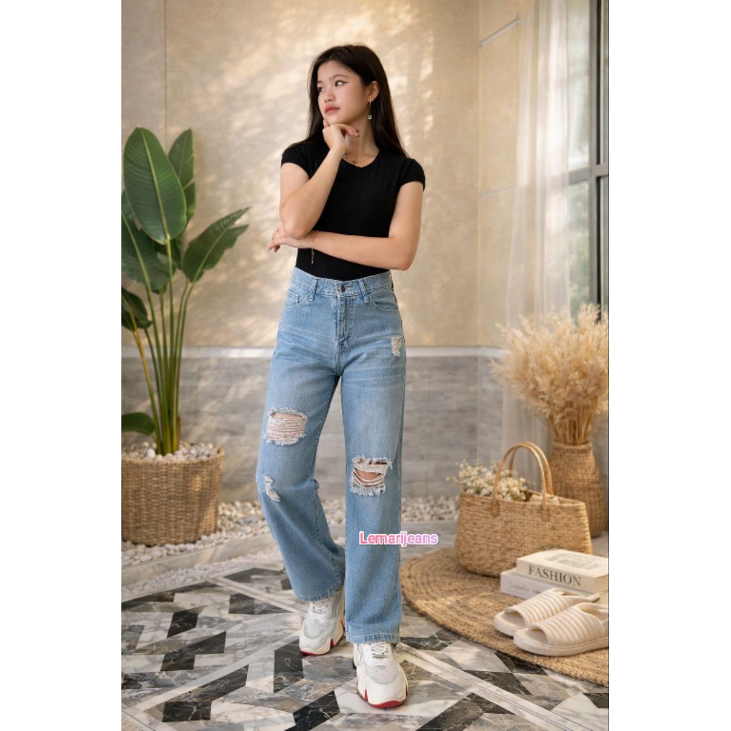 KULOT JEANS HW HIGHWAIST RIPPED CELANA JEANS LOOSE WANITA SOBEK PREMIUM