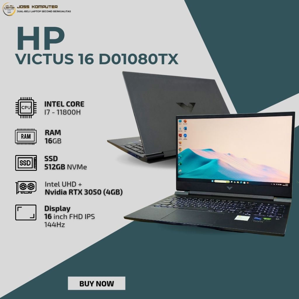 HP VICTUS 16 - D01080TX / CORE I7 - 11800H / RAM 16GB/ SSD 512GB/ 16” FHD/ NVIDIA RTX 3050