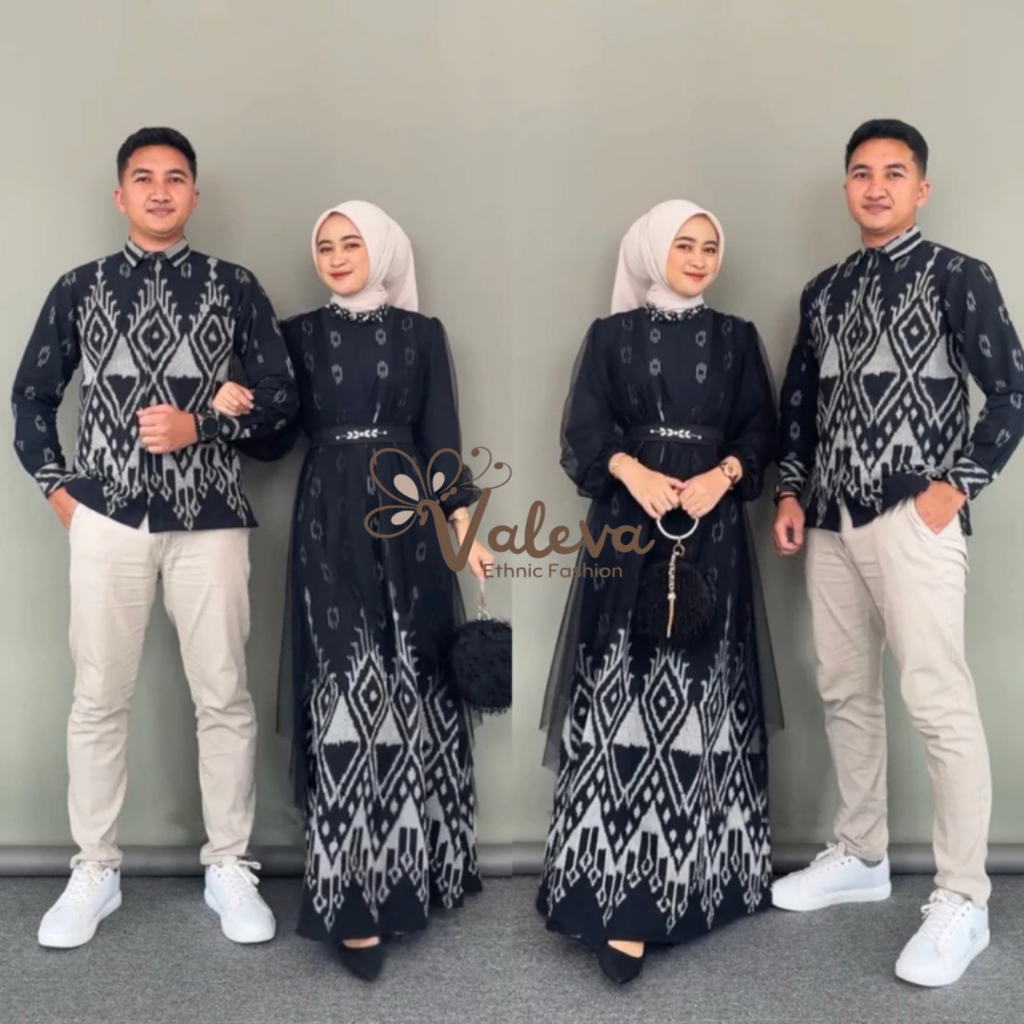 Valeva - Baju Tenun Couple Series Mariposa Warna Hitam Dress X Kemeja Pria Kondangan Pasangan Sarimb