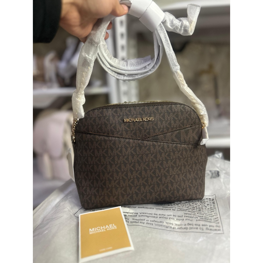 Mk Jet Set Travel Medium Logo Dome Crossbody Bag Brown