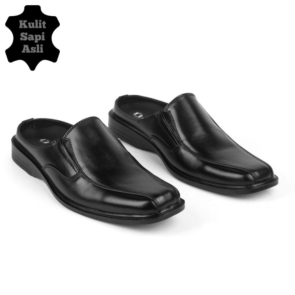 davalo Sepatu Bustong Pria Kulit Sapi Asli Pantofel Slop Mules Casual Formal Hitam Sandal Kondangan