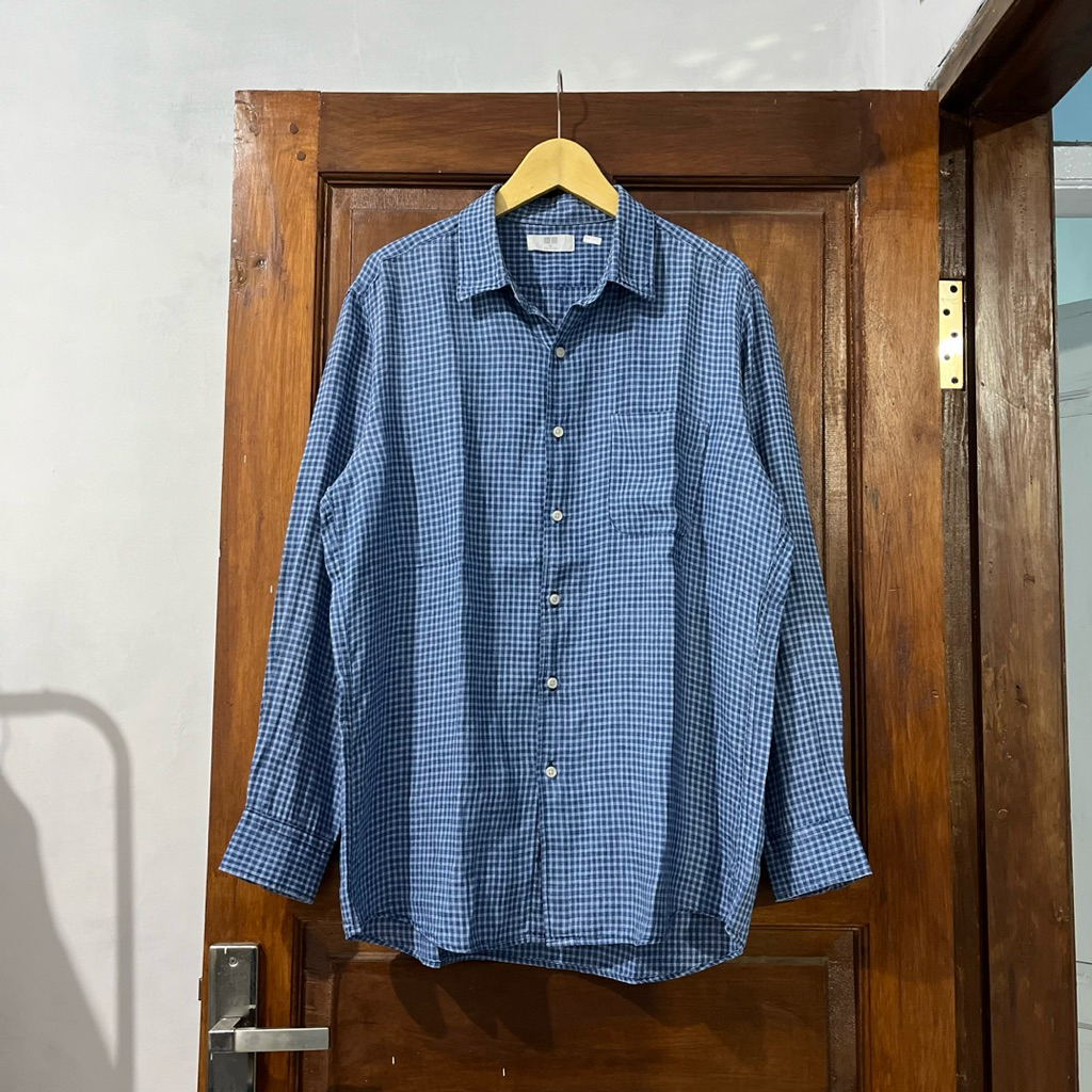 [XL] Uniqlo Checkered Kotak-kotak Long Sleeve Shirt (KM-017) I Blue I Vintage Vtg Retro Kemeja Garis