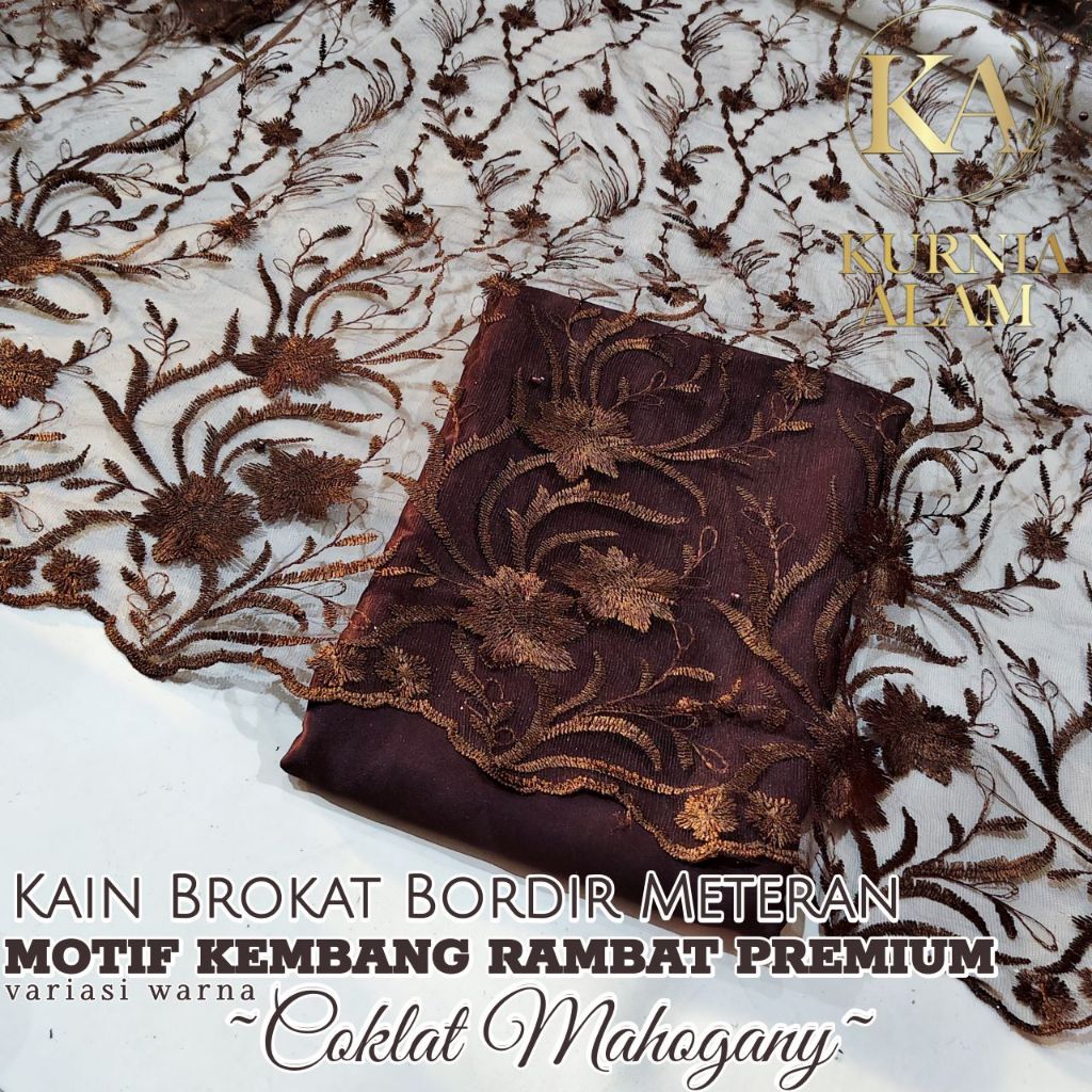 Kain Brokat Brukat Bordir Motif Kembang Rambat Mewah Premium Warna Coklat Mahogany Bahan Furing Dres