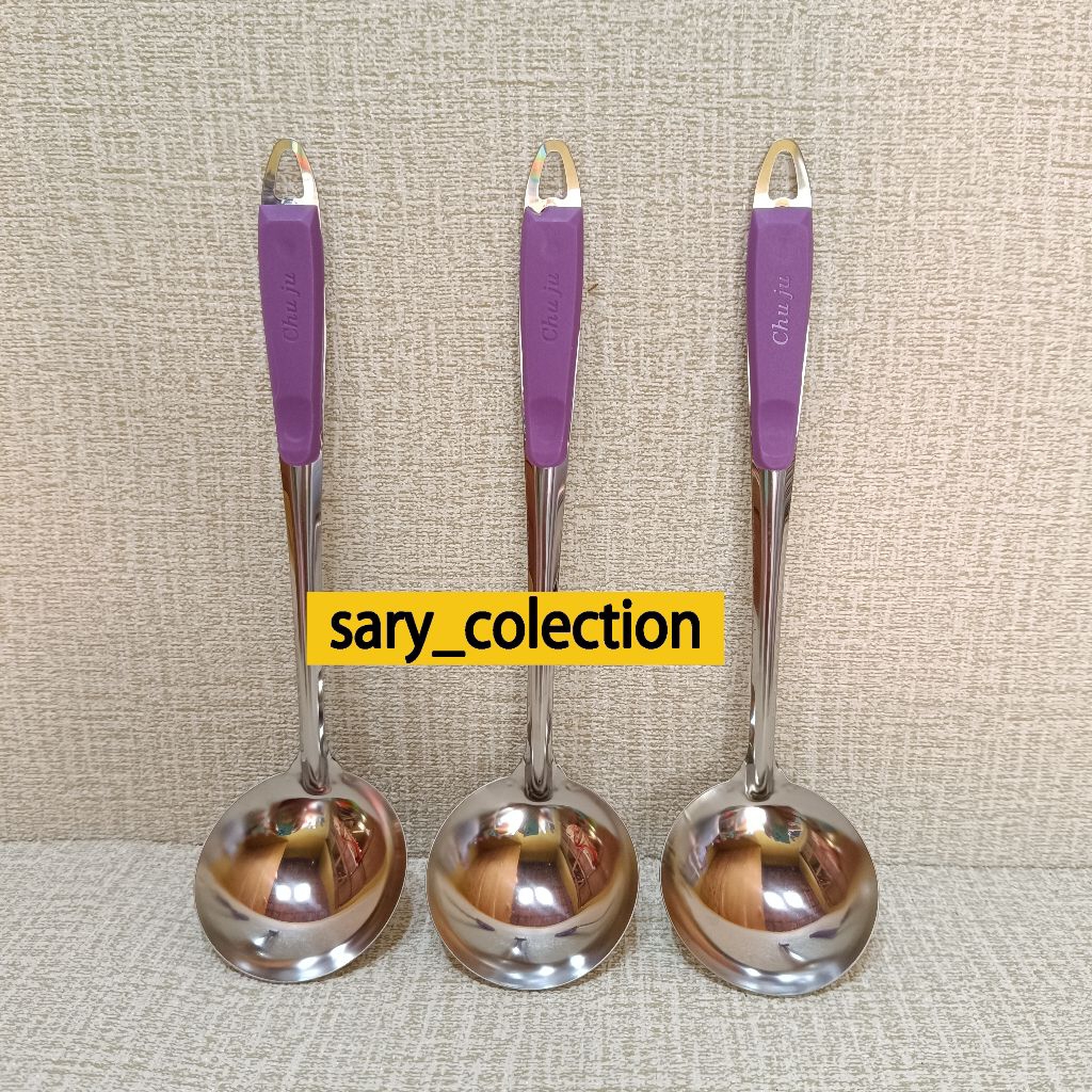 [ 3 pcs ] Irus Stainless Ukuran Tanggung Sendok Kuah Sayur Chu Ju Gagang Ungu