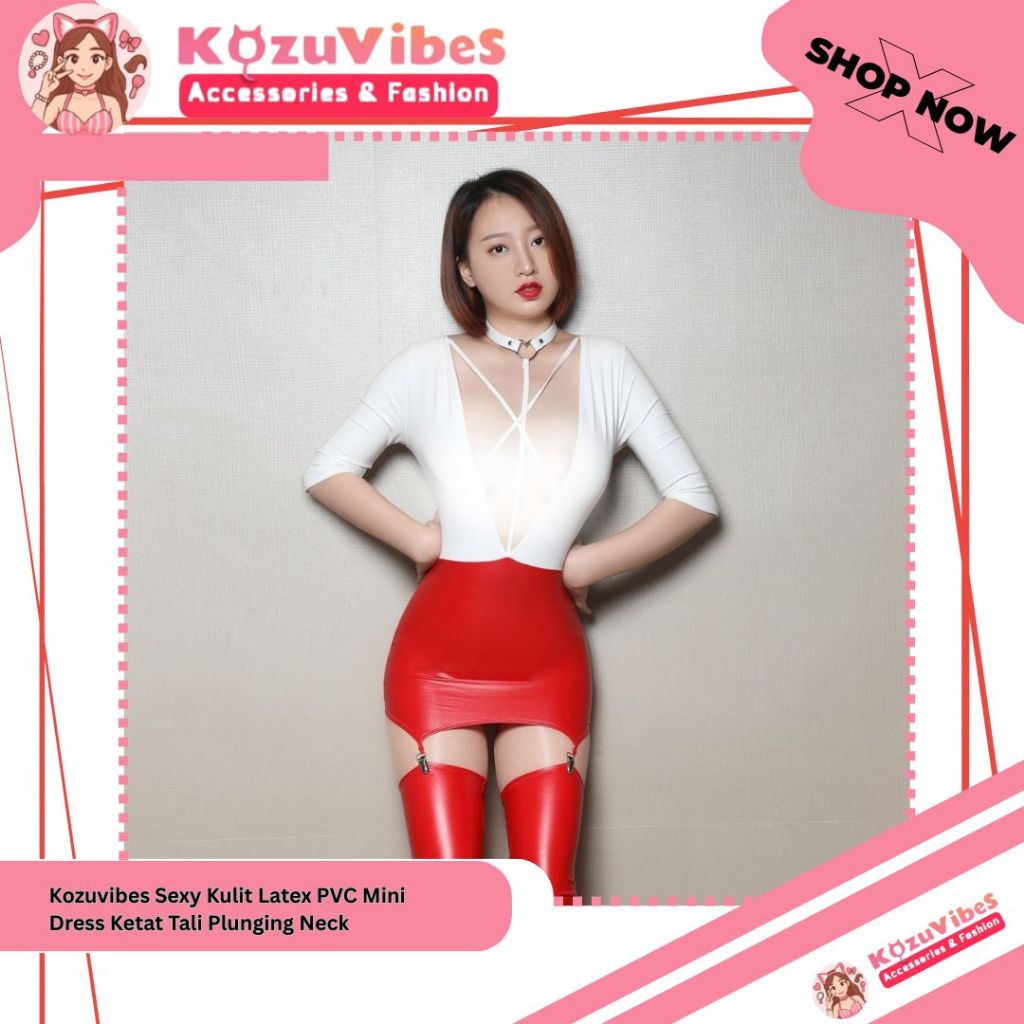 Kozuvibes Sexy Kulit Latex PVC Mini Dress Ketat Tali Plunging Neck
