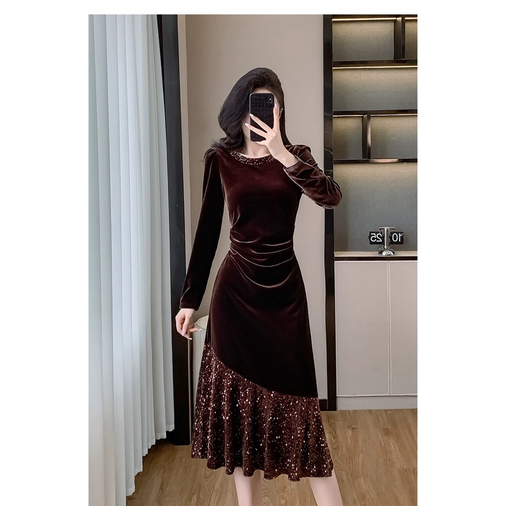 Dress Wanita Elegan Coklat Tua Glitter Premium Pesta & Kondangan