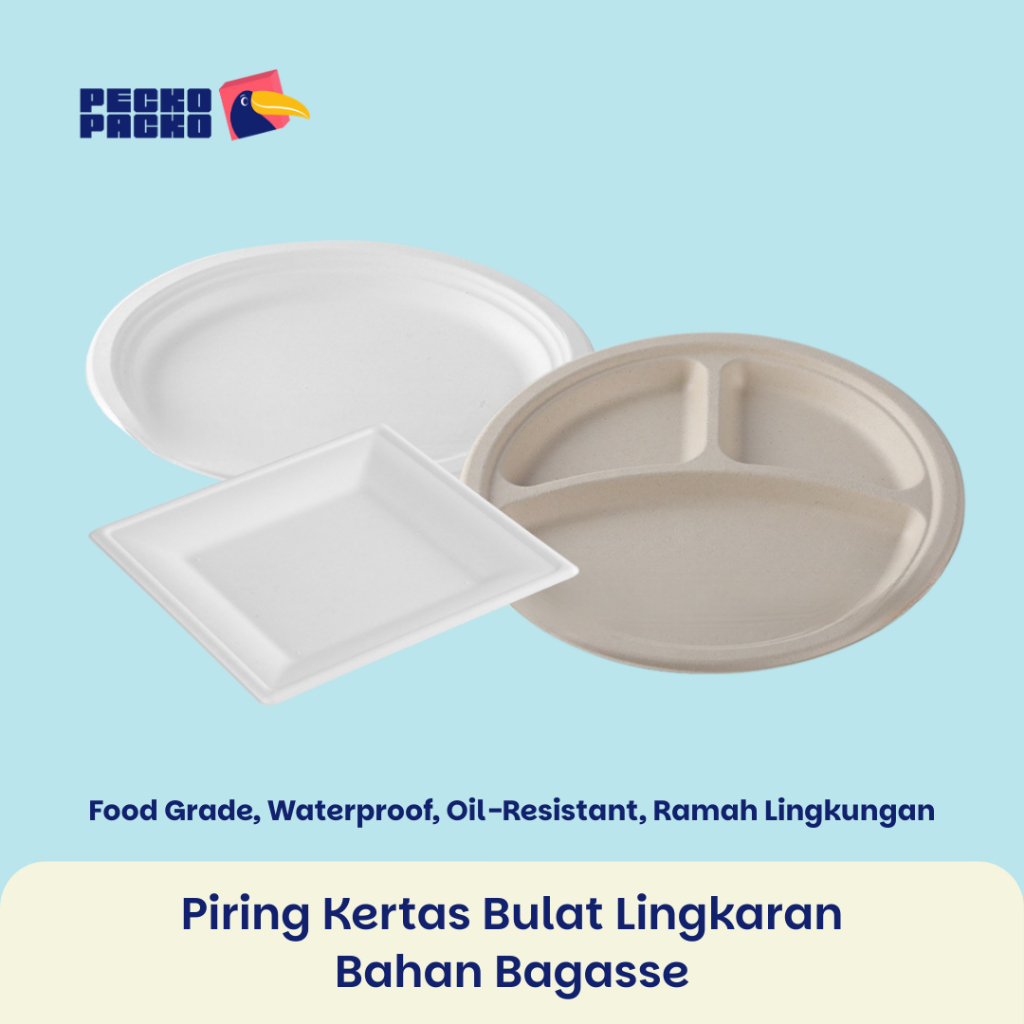 Piring Kertas Bulat Lingkaran Bahan Bagasse dari Ampas Tebu Ramah Lingkungan Sekali Pakai - Packagin