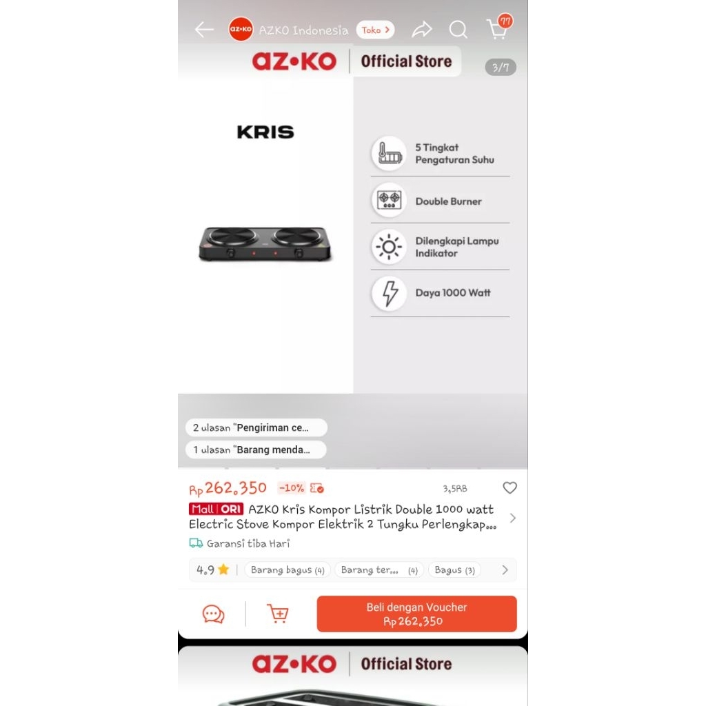 Azko Kris Kompor Listrik Double 1000 watt