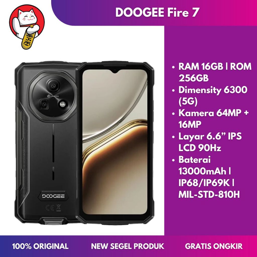 DOOGEE Fire 7 5G Rugged Smartphone Dimensity 6300 RAM 16GB ROM 256GB Layar 6.6” 90Hz Baterai 13000mA