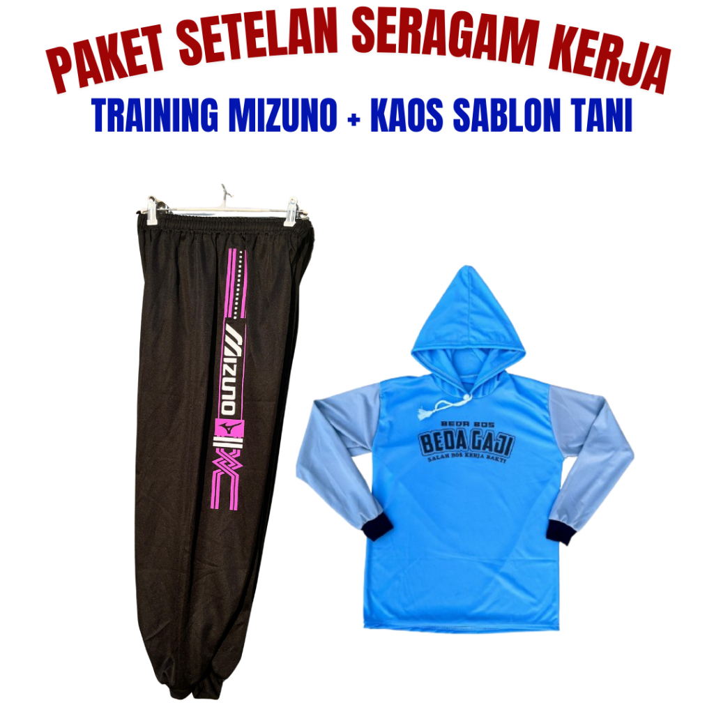 Setelan Seragam Kerja Celana Training dan Kaos Sablon Bahan Adem Lengang Panjang Bertudung Topi