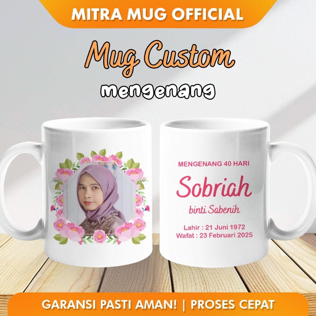 Custom Souvenir Mug 40hari 100hari Tahlilan Hampers Mengenang - Pink Flower Remember