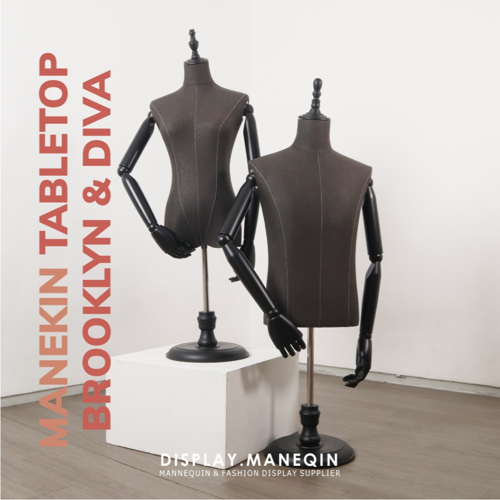 Manekin Table Top Brooklyn Diva DM650 Setengah Badan Pria Wanita Bahan Denim Tangan Kayu Robot Premi