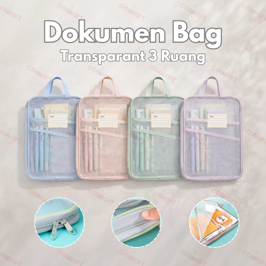 Document Bag Jaring Resleting Handle A4 Transparan Pastel 3 Ruang - Document Bag Tas Folder Portabel