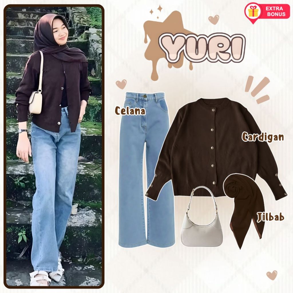 oneset 3in1 celana jeans + cardigan + jilbab bellasquare | ootd outfit cewek wanita anak perempuan r