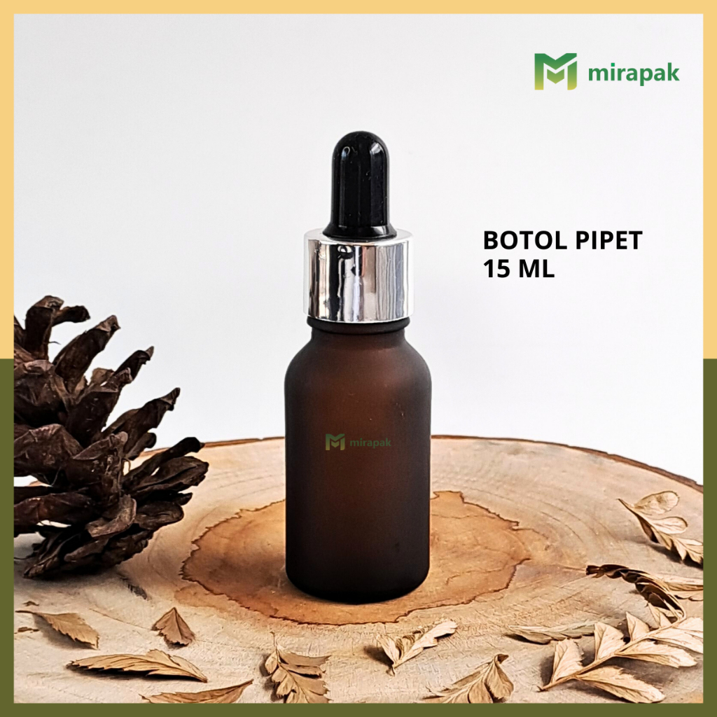 BOTOL PIPET 15ML COKLAT DOF FROSTED KACA TEBAL - RING SILVER KARET HITAM - SERUM KOSMETIK SKINCARE -