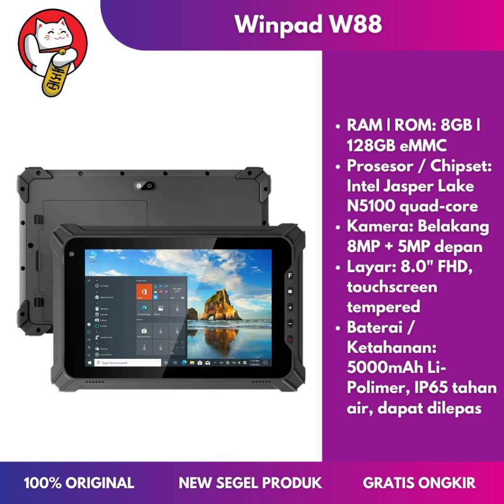 Winpad W88 Rugged Tablet 4G Windows 11 Pro RAM 8GB ROM 128GB Intel N5100 Layar 8.0” FHD Baterai 5000
