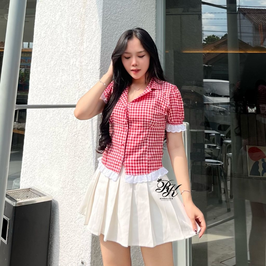 Qela Lace Blouse - Kemeja Atasan Wanita Stripe - Atasan Motif Kotak Kotak Blouse