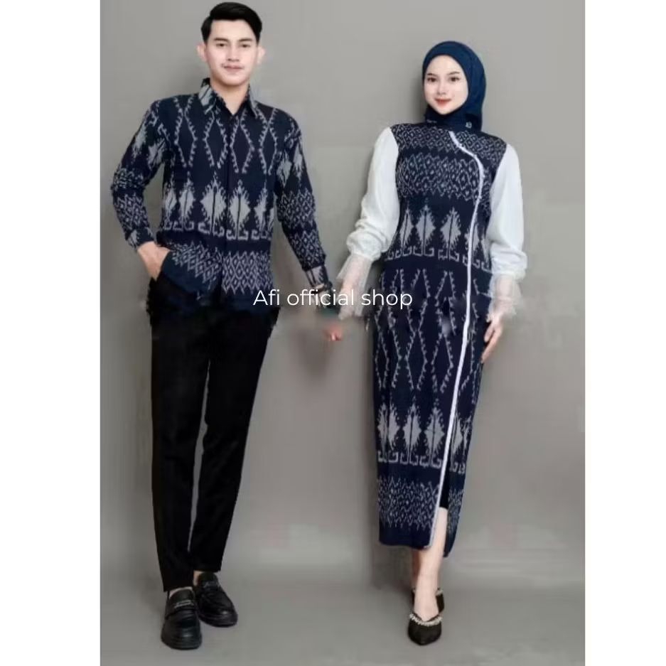 Baju tenun couple kinara jenar navy dress & kemeja set baju lebaran set keluarga muslim couple pasan