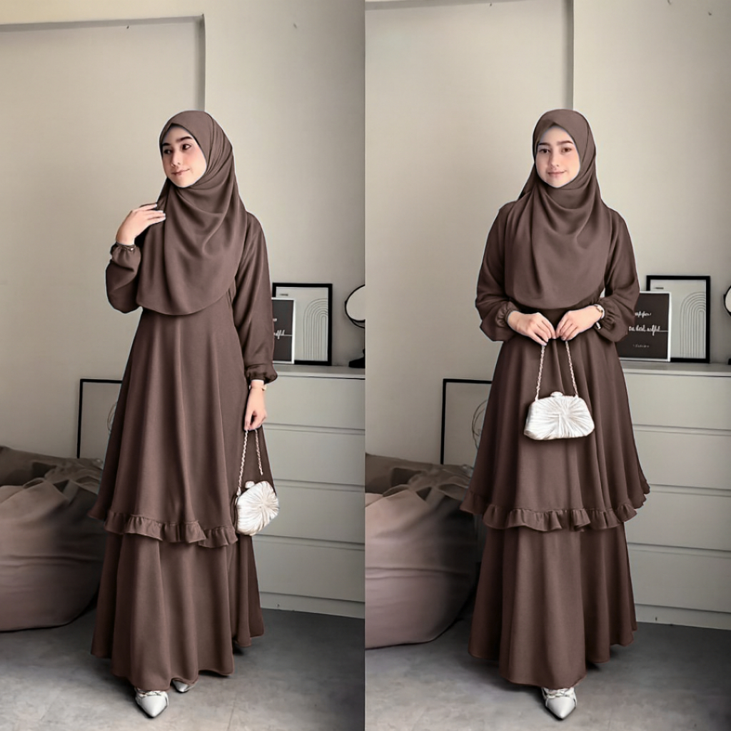 Ainun Dress Kurung Syari Dewasa Melayu / Gamis Ainun Melayu Terbaru Ceruty Babydoll Full Puring