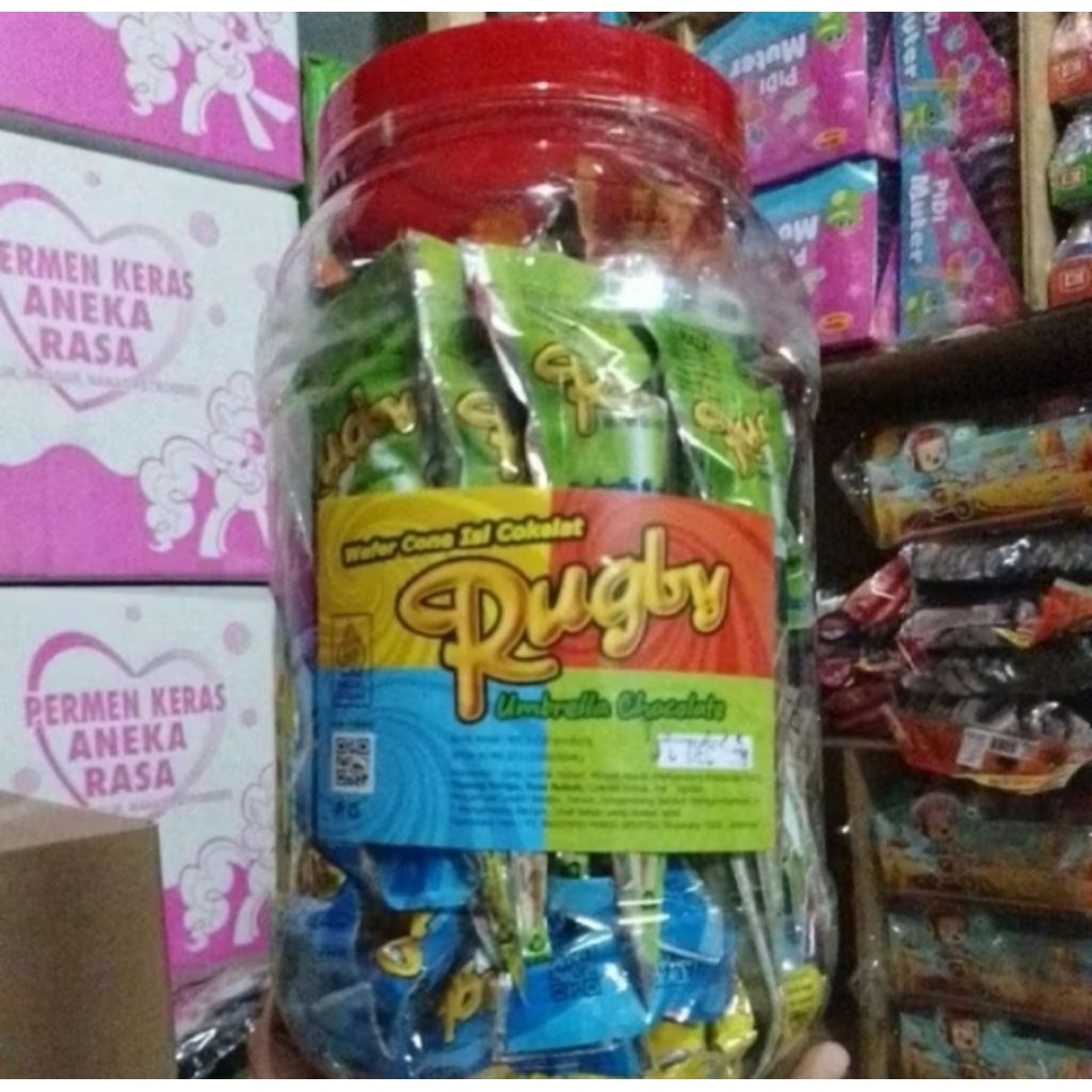 Cemilan/Jajanan Anak Coklat Wafer Rugby, Coklat Payung Warna-Warni 1 Toples isi 60 Pcs