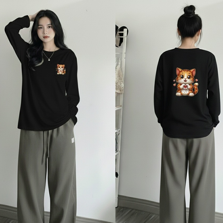 Kaos Oblong Wanita Lengan Panjang Y2k Motif Kucing Oren