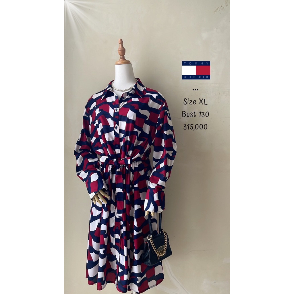 Midi dress Tommy Hilfiger original polyester motif kotak abstrak merah navy putih kemeja lengan panj